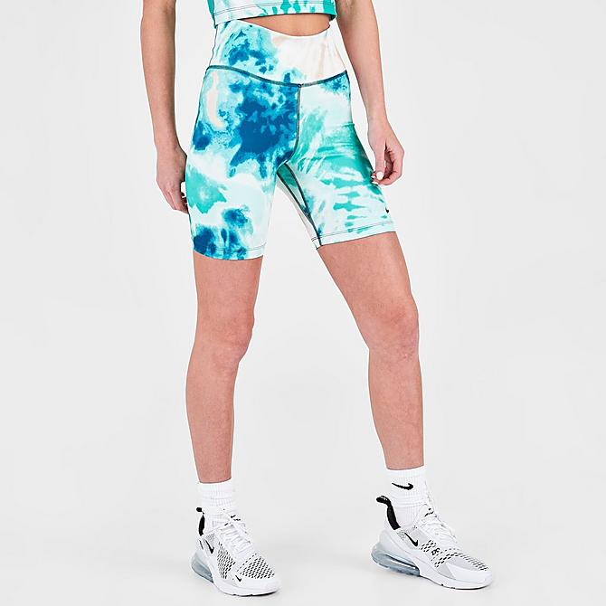 Back Left view of Women's Nike One Mid-Rise 7 Inch Tie-Dye Bike Shorts in Light Dew Click to zoom