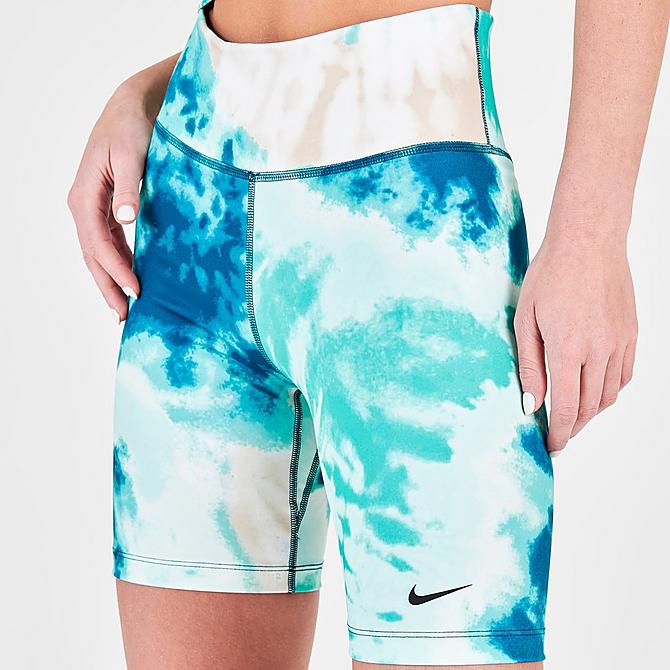 On Model 5 view of Women's Nike One Mid-Rise 7 Inch Tie-Dye Bike Shorts in Light Dew Click to zoom