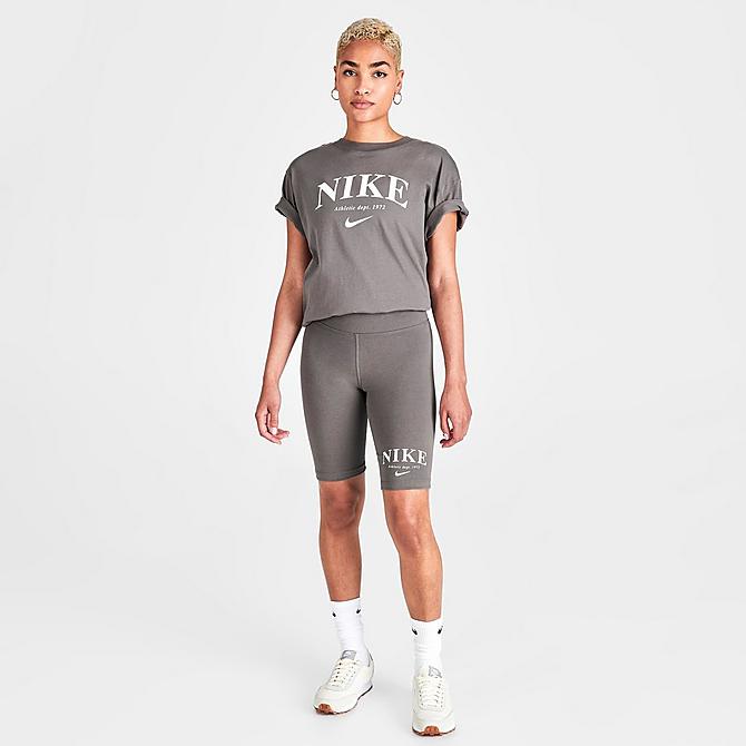 Front Three Quarter view of Women's Nike Sportswear Mid-Rise Bike Shorts in Cave Stone/White Click to zoom
