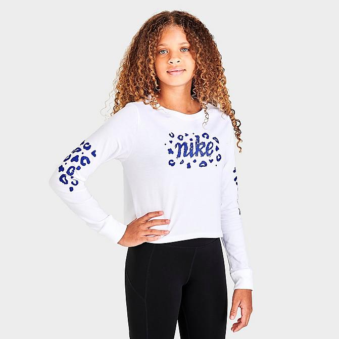 Front view of Girls' Nike Animal Long-Sleeve Cropped T-Shirt in White Click to zoom