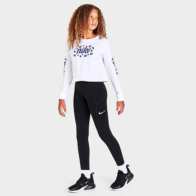 Front Three Quarter view of Girls' Nike Animal Long-Sleeve Cropped T-Shirt in White Click to zoom