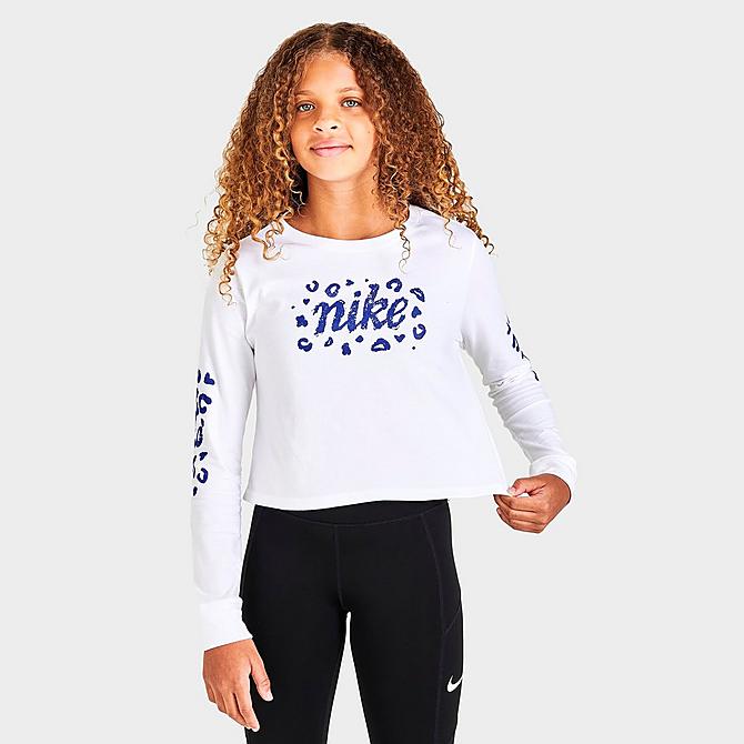 Back Left view of Girls' Nike Animal Long-Sleeve Cropped T-Shirt in White Click to zoom