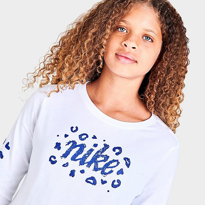 On Model 5 view of Girls' Nike Animal Long-Sleeve Cropped T-Shirt in White Click to zoom