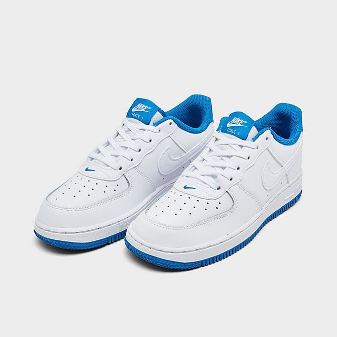 Three Quarter view of Little Kids' Nike Force 1 Casual Shoes in White/White/Light Photo Blue Click to zoom