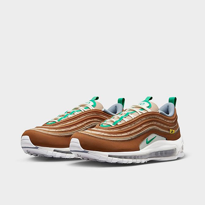 Three Quarter view of Men's Nike Air Max 97 SE Nike Moving Company Casual Shoes in Hemp/Stadium Green/Ale Brown/White/Sail/Ashen Slate Click to zoom