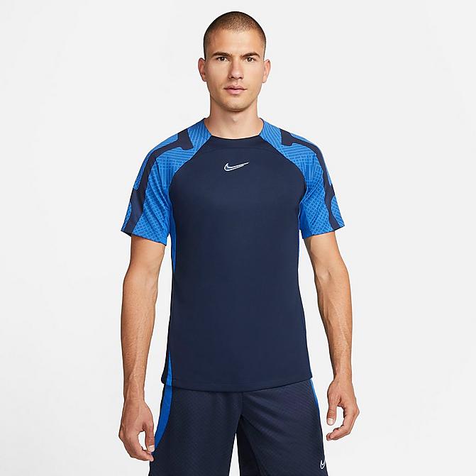 Front view of Men's Nike Dri-FIT Strike Soccer Top in Obsidian/Royal Blue/White Click to zoom