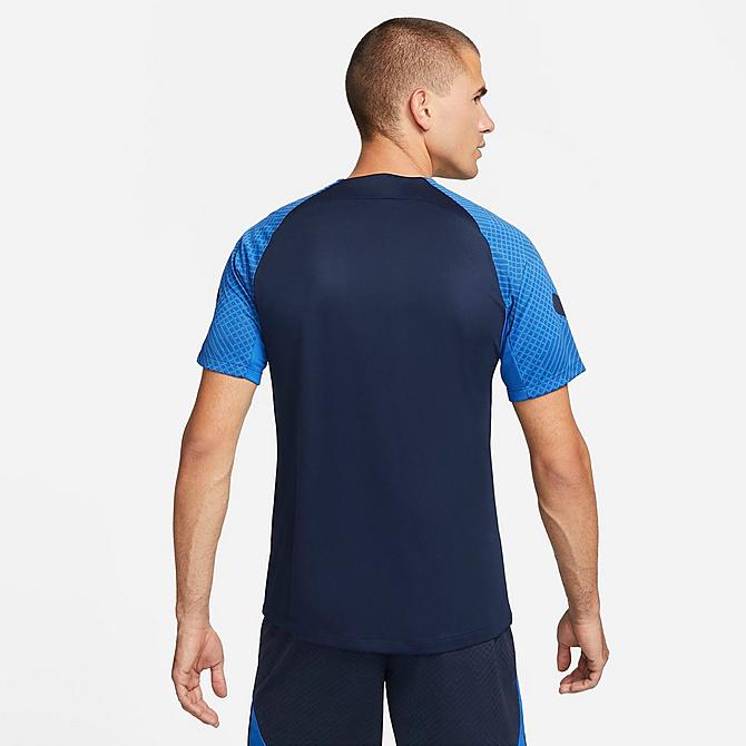Front Three Quarter view of Men's Nike Dri-FIT Strike Soccer Top in Obsidian/Royal Blue/White Click to zoom