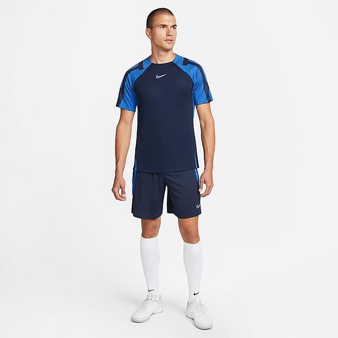 Back Left view of Men's Nike Dri-FIT Strike Soccer Top in Obsidian/Royal Blue/White Click to zoom