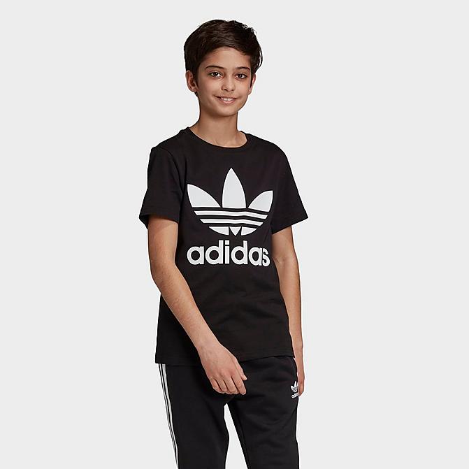 Front view of Kids' adidas Originals Trefoil T-Shirt in Black/White Click to zoom