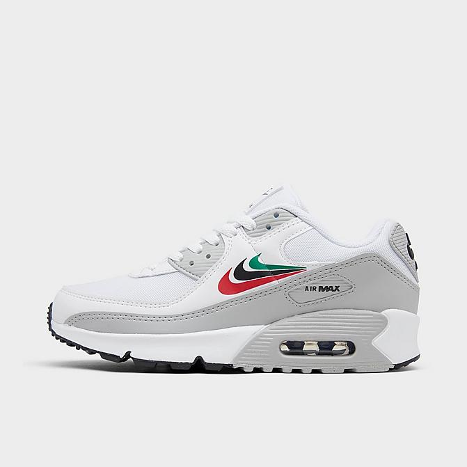 Right view of Big Kids' Nike Air Max 90 Triple Swoosh Casual Shoes in White/Malachite/University Red/Black/Grey Fog Click to zoom