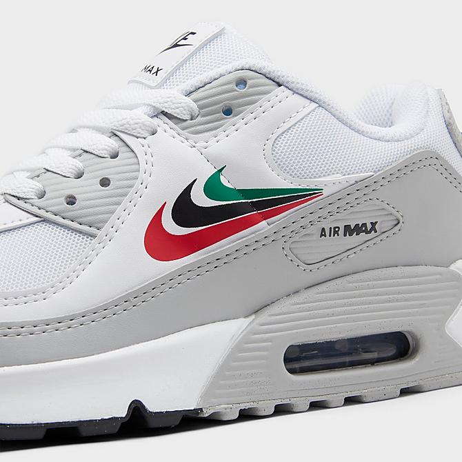Front view of Big Kids' Nike Air Max 90 Triple Swoosh Casual Shoes in White/Malachite/University Red/Black/Grey Fog Click to zoom