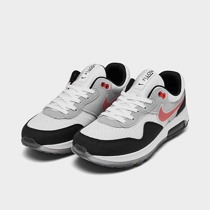 Three Quarter view of Big Kids' Nike Air Max Motif Casual Shoes in Black/White/Grey Fog/Siren Red Click to zoom