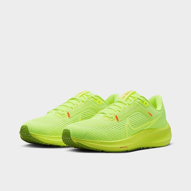 Three Quarter view of Women's Nike Zoom Pegasus 40 Running Shoes in Volt/Volt/Barely Volt/Bright Crimson Click to zoom