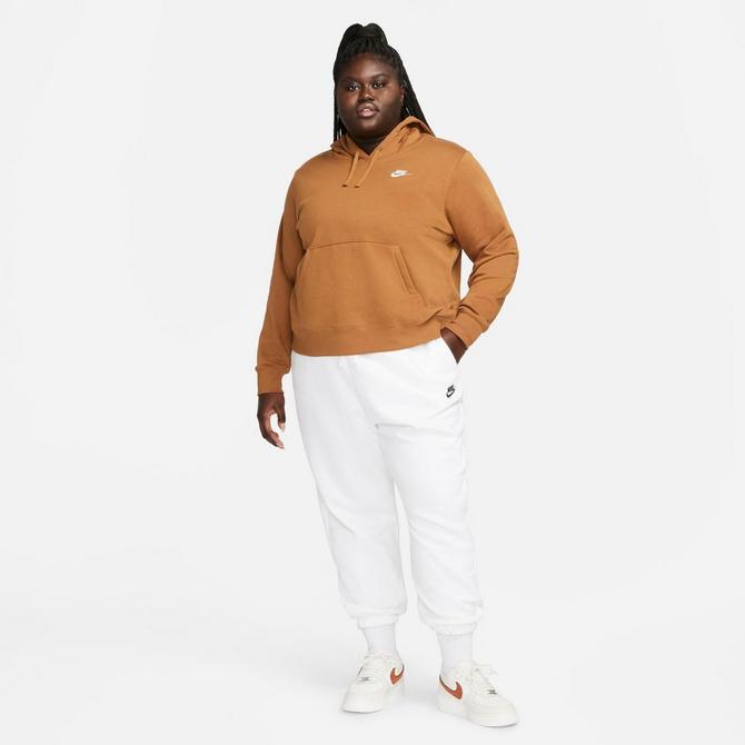 Front Three Quarter view of Women's Nike Sportswear Club Fleece Pullover Hoodie (Plus Size) in Ale Brown/White Click to zoom