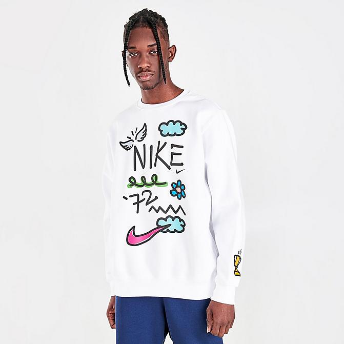 Front view of Men's Nike Sportswear Club Doodles Crewneck Sweatshirt in White Click to zoom