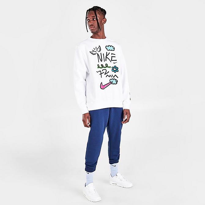 Front Three Quarter view of Men's Nike Sportswear Club Doodles Crewneck Sweatshirt in White Click to zoom