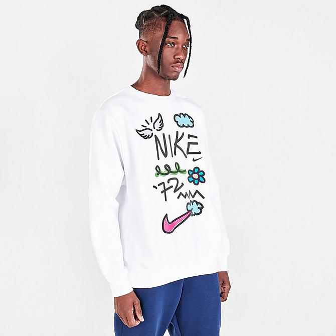Back Left view of Men's Nike Sportswear Club Doodles Crewneck Sweatshirt in White Click to zoom