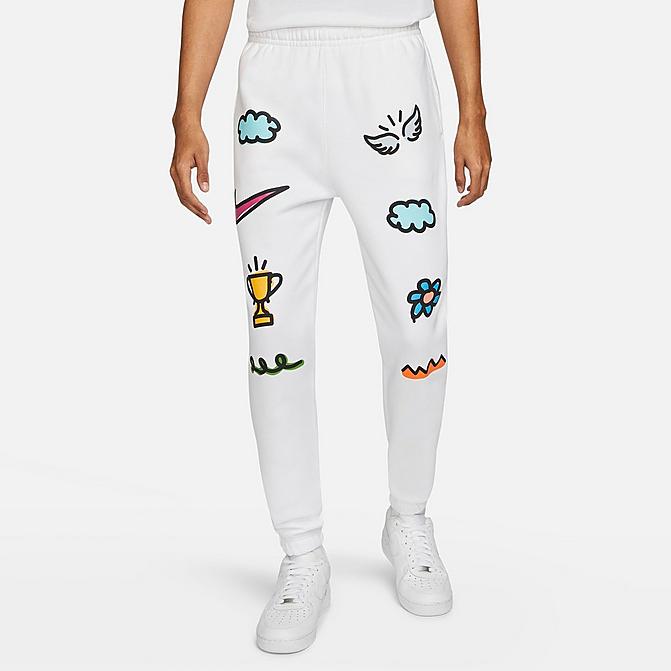 Front view of Men's Nike Sportswear Club Fleece Doodleglyph Graphic Print Sweatpants in White Click to zoom