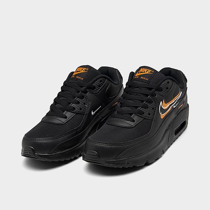Three Quarter view of Big Kids' Nike Air Max 90 Multi Swoosh Casual Shoes in Black/Kumquat/White Click to zoom