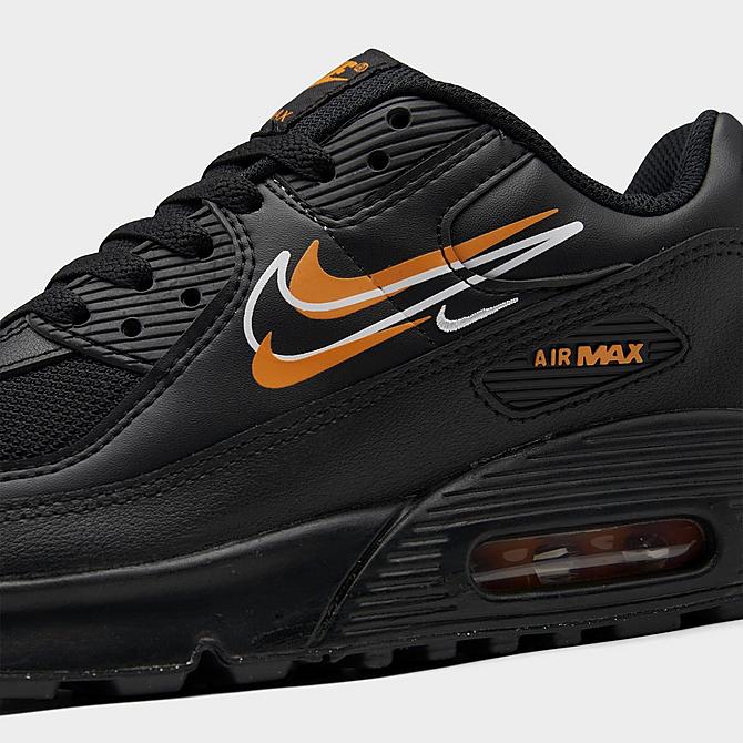 Front view of Big Kids' Nike Air Max 90 Multi Swoosh Casual Shoes in Black/Kumquat/White Click to zoom