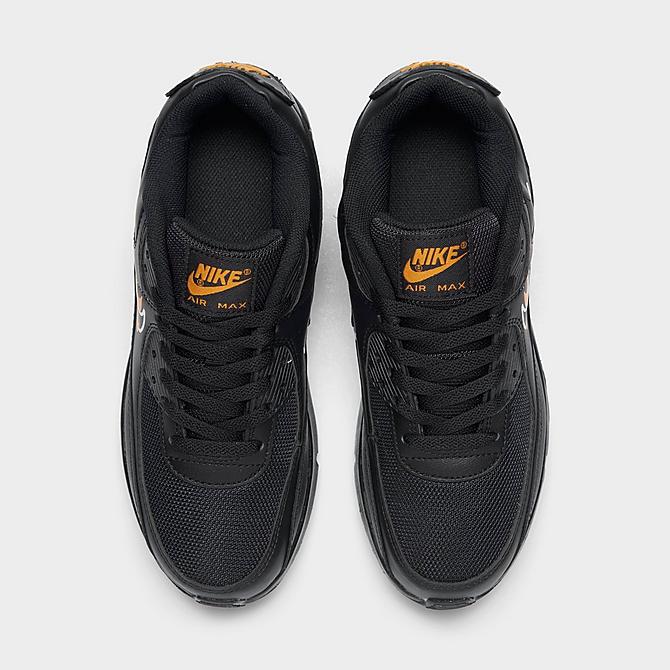 Back view of Big Kids' Nike Air Max 90 Multi Swoosh Casual Shoes in Black/Kumquat/White Click to zoom