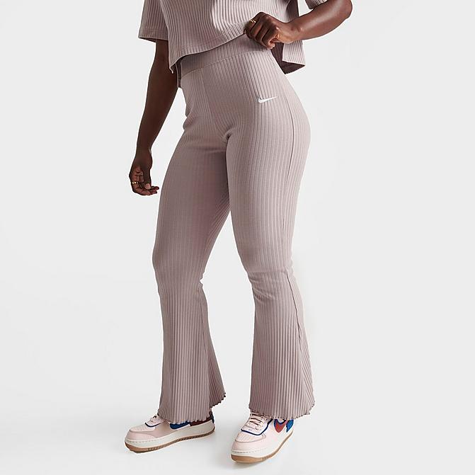 Front view of Women's Nike Sportswear High-Waisted Wide Leg Ribbed Jersey Pants in Diffused Taupe/White Click to zoom