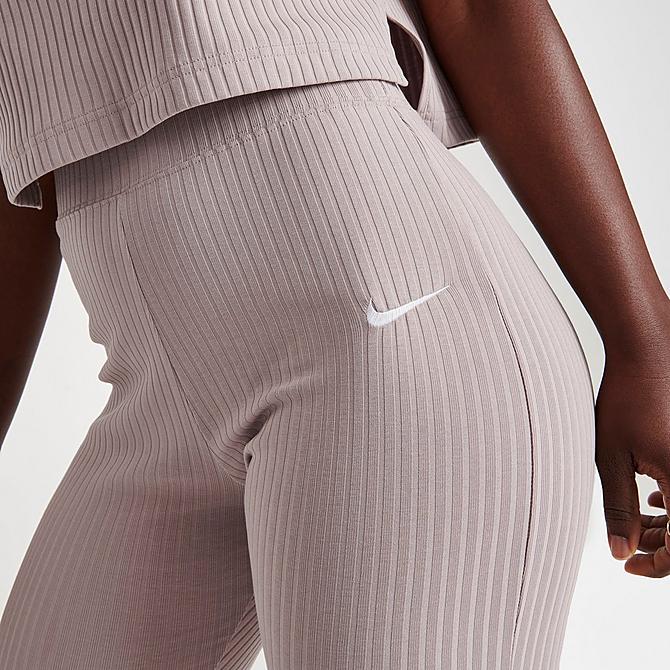 On Model 5 view of Women's Nike Sportswear High-Waisted Wide Leg Ribbed Jersey Pants in Diffused Taupe/White Click to zoom