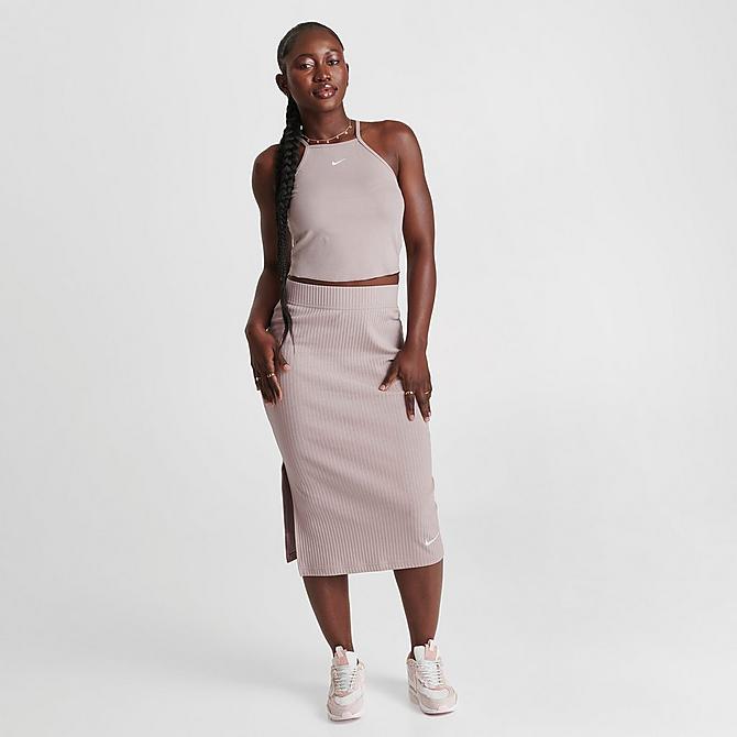 Front Three Quarter view of Women's Nike Sportswear Essential Ribbed Crop Tank in Diffused Taupe/White Click to zoom