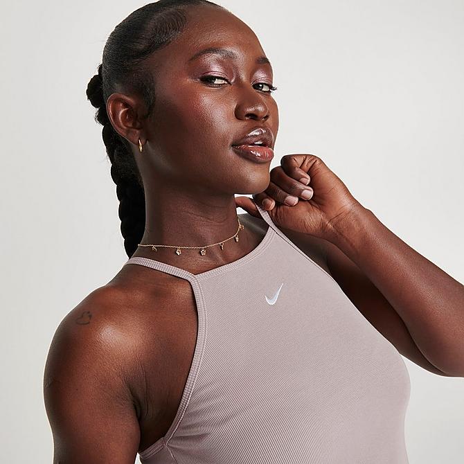 On Model 5 view of Women's Nike Sportswear Essential Ribbed Crop Tank in Diffused Taupe/White Click to zoom