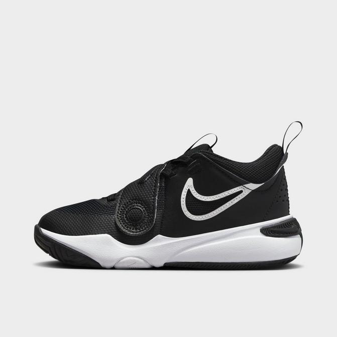 Right view of Little Kids' Nike Team Hustle D 11 Stretch Lace Basketball Shoes in Black/White Click to zoom