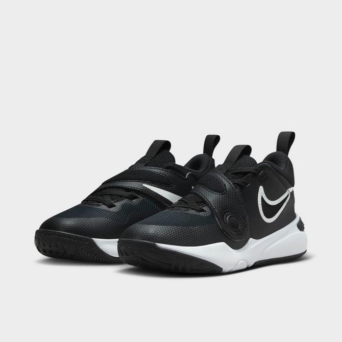 Three Quarter view of Little Kids' Nike Team Hustle D 11 Stretch Lace Basketball Shoes in Black/White Click to zoom