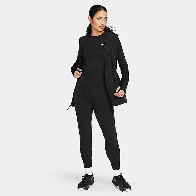 Back Left view of Women's Nike Dri-FIT Bliss Jogger Pants in Black/Clear Click to zoom
