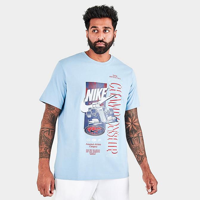 Front view of Men's Nike Sportswear Americana Graphic Short-Sleeve T-Shirt in Boarder Blue Click to zoom