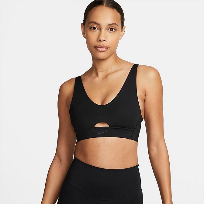 Front view of Women's Nike Dri-FIT Indy Plunge Cutout Bra in Black/Dark Smoke Grey Click to zoom