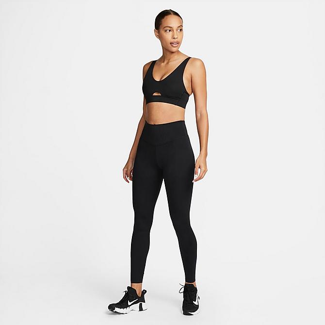 Front Three Quarter view of Women's Nike Dri-FIT Indy Plunge Cutout Bra in Black/Dark Smoke Grey Click to zoom