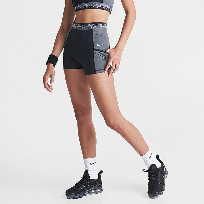 Front view of Women's Nike Pro Gym Shorts in Black/Iron Grey/White/White Click to zoom