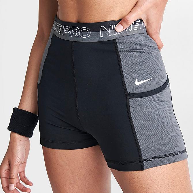 On Model 5 view of Women's Nike Pro Gym Shorts in Black/Iron Grey/White/White Click to zoom