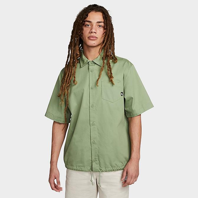 Front view of Men's Nike Club Button-Down Short-Sleeve Woven Top in Oil Green Click to zoom