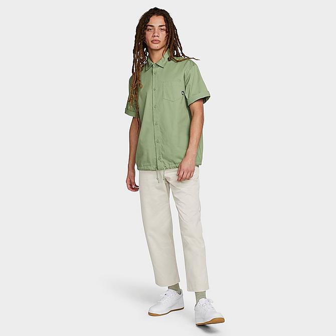 Front Three Quarter view of Men's Nike Club Button-Down Short-Sleeve Woven Top in Oil Green Click to zoom