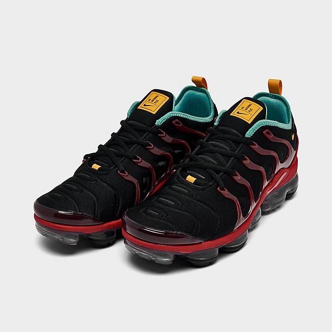 Three Quarter view of Men's Nike Air Vapormax Plus Running Shoes in Black/University Gold/University Red Click to zoom