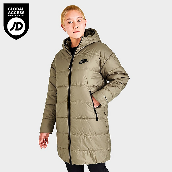 Womens Sportswear Therma-FIT Repel Long Puffer Jacket in Green/Matte Olive Size X-Small 100% Polyester/Fiber Finish Line Women Clothing Jackets Puffer Jackets 