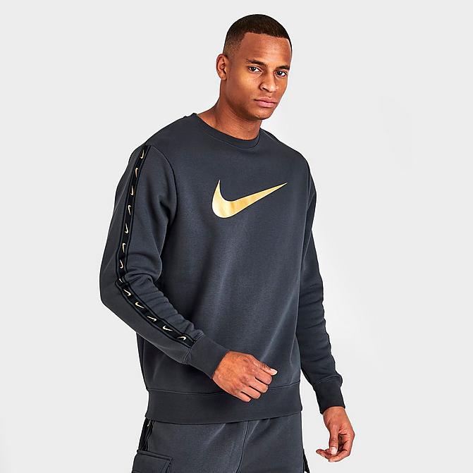 Front view of Men's Nike Sportswear Repeat Tape Fleece Crewneck Sweatshirt in Dark Smoke Grey/Metallic Gold Click to zoom
