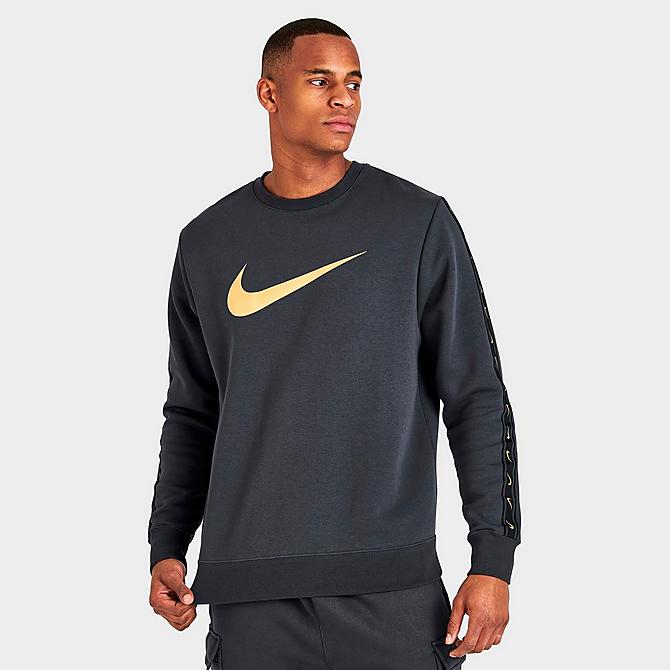 Back Left view of Men's Nike Sportswear Repeat Tape Fleece Crewneck Sweatshirt in Dark Smoke Grey/Metallic Gold Click to zoom