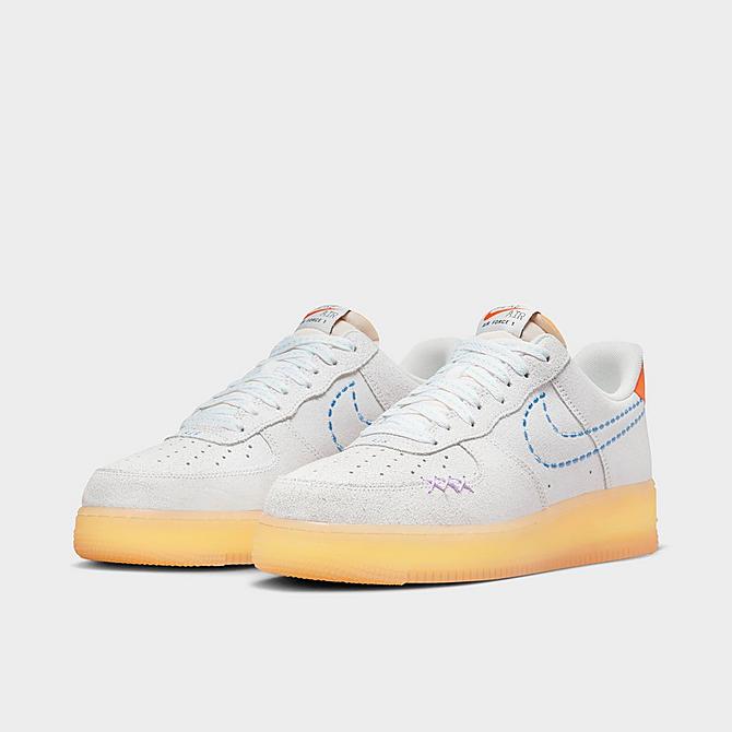 Three Quarter view of Men's Nike Air Force 1 '07 LV8 SE Casual Shoes in White/Safety Orange/Lilac/University Blue Click to zoom
