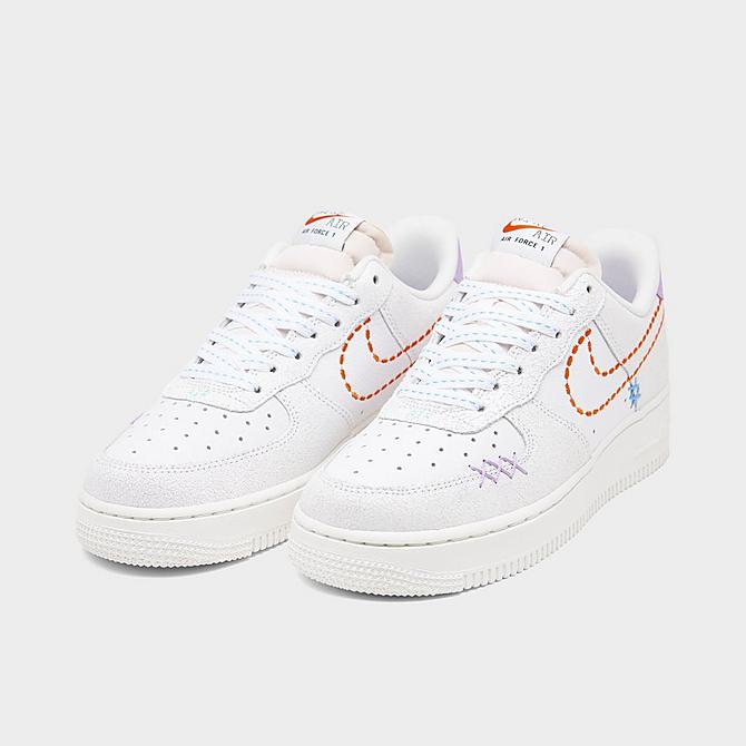 Three Quarter view of Women's Nike Air Force 1 Low '07 SE Casual Shoes in White/Orange/Purple Click to zoom
