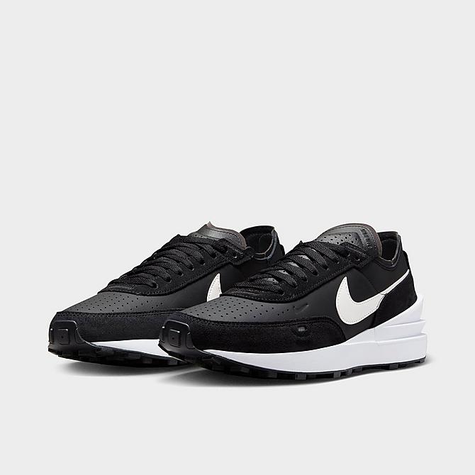 Three Quarter view of Men's Nike Waffle One Leather Casual Shoes in Black/Black/White/White Click to zoom