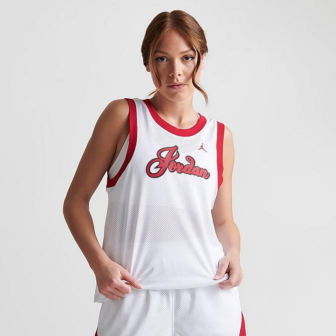 Back Left view of Women's Jordan Script Jersey in White/Red Click to zoom