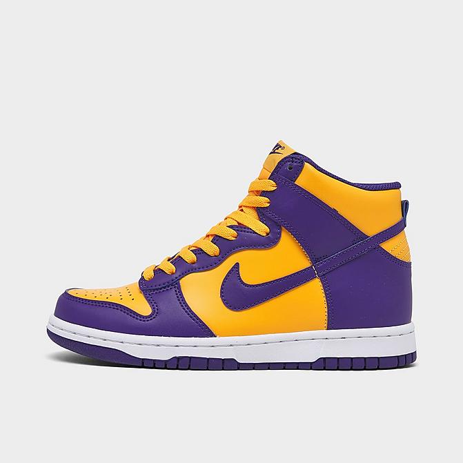 Right view of Big Kids' Nike Dunk High Casual Shoes in Court Purple/Gold Click to zoom