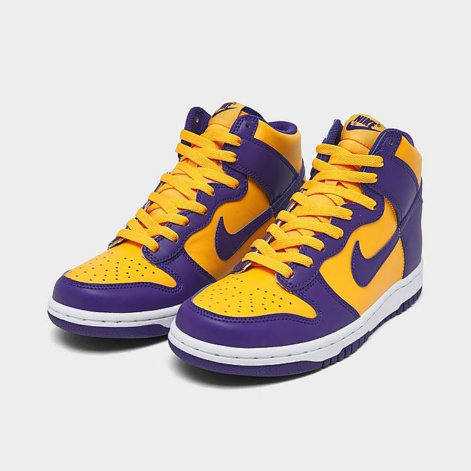 Three Quarter view of Big Kids' Nike Dunk High Casual Shoes in Court Purple/Gold Click to zoom