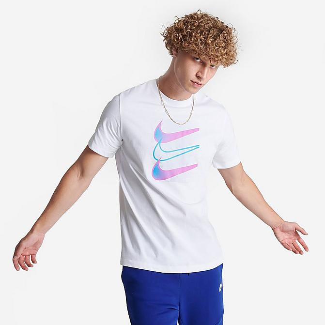 Front view of Men's Nike Sportswear Triple Swoosh Graphic T-Shirt in White Click to zoom